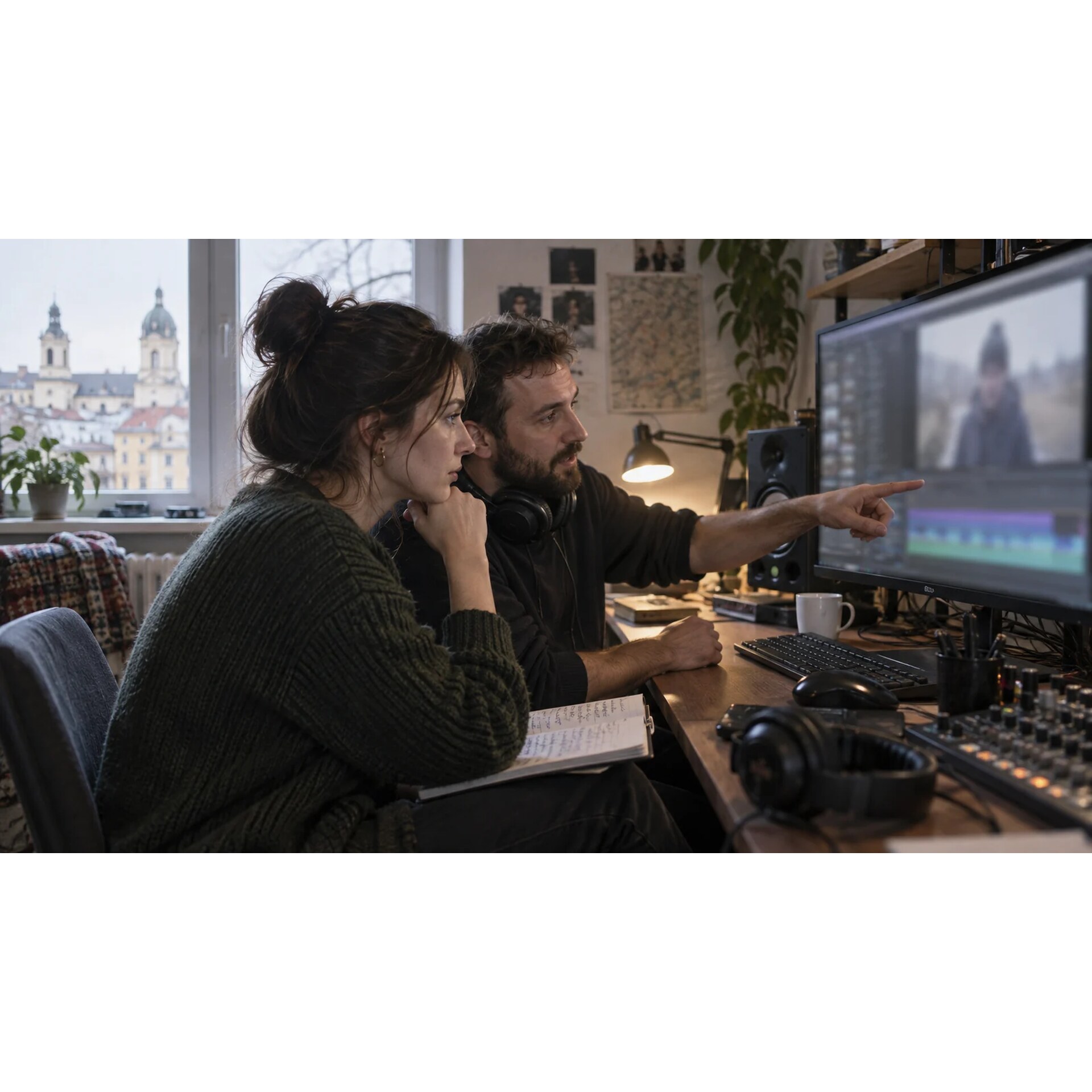 Переводчик и звукорежиссёр проверяют локализованное видео в студии